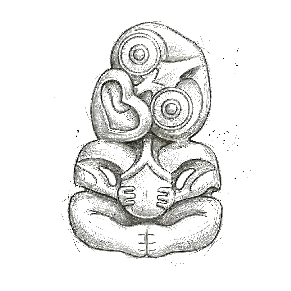 Hand-drawn pencil sketch of Hei Tiki