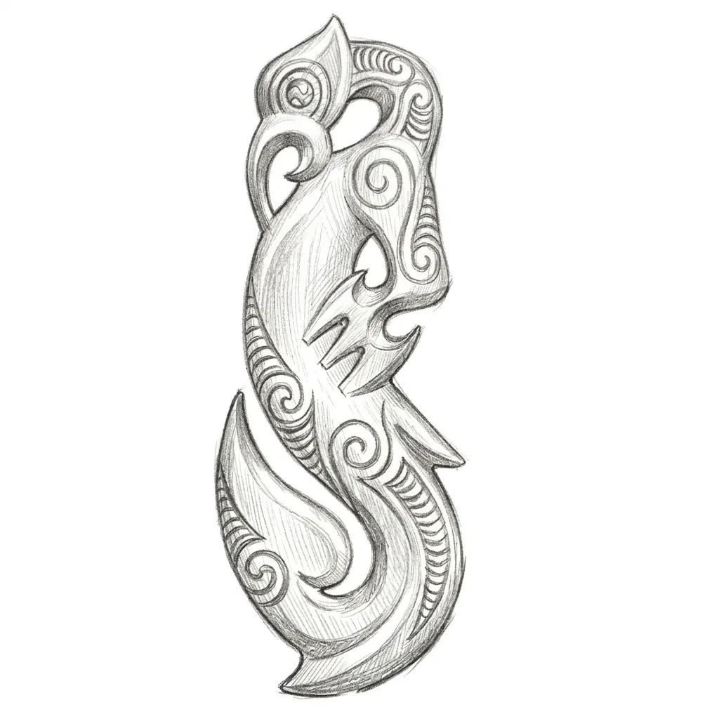 Hand-drawn pencil sketch of Manaia